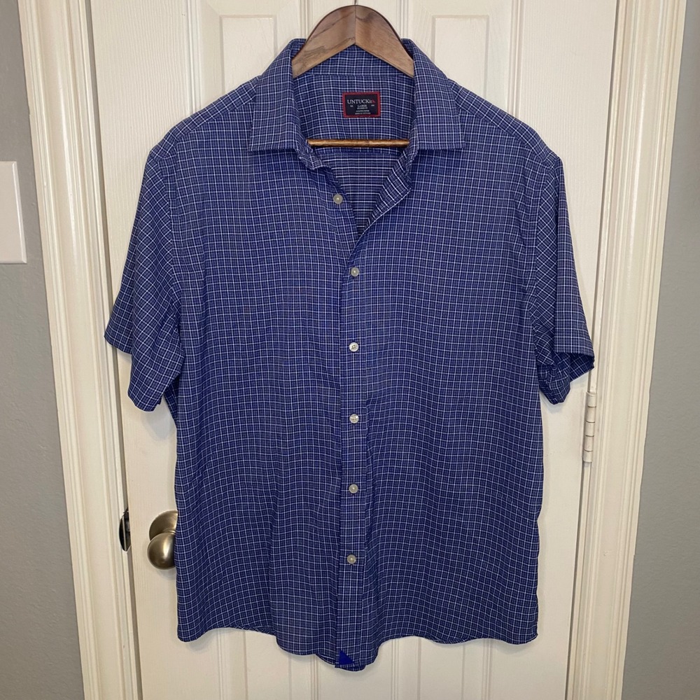 UNTUCKit Cinelli Mens Large Relaxed Fit Short Sleeve Button Down Shirt Navy Grid